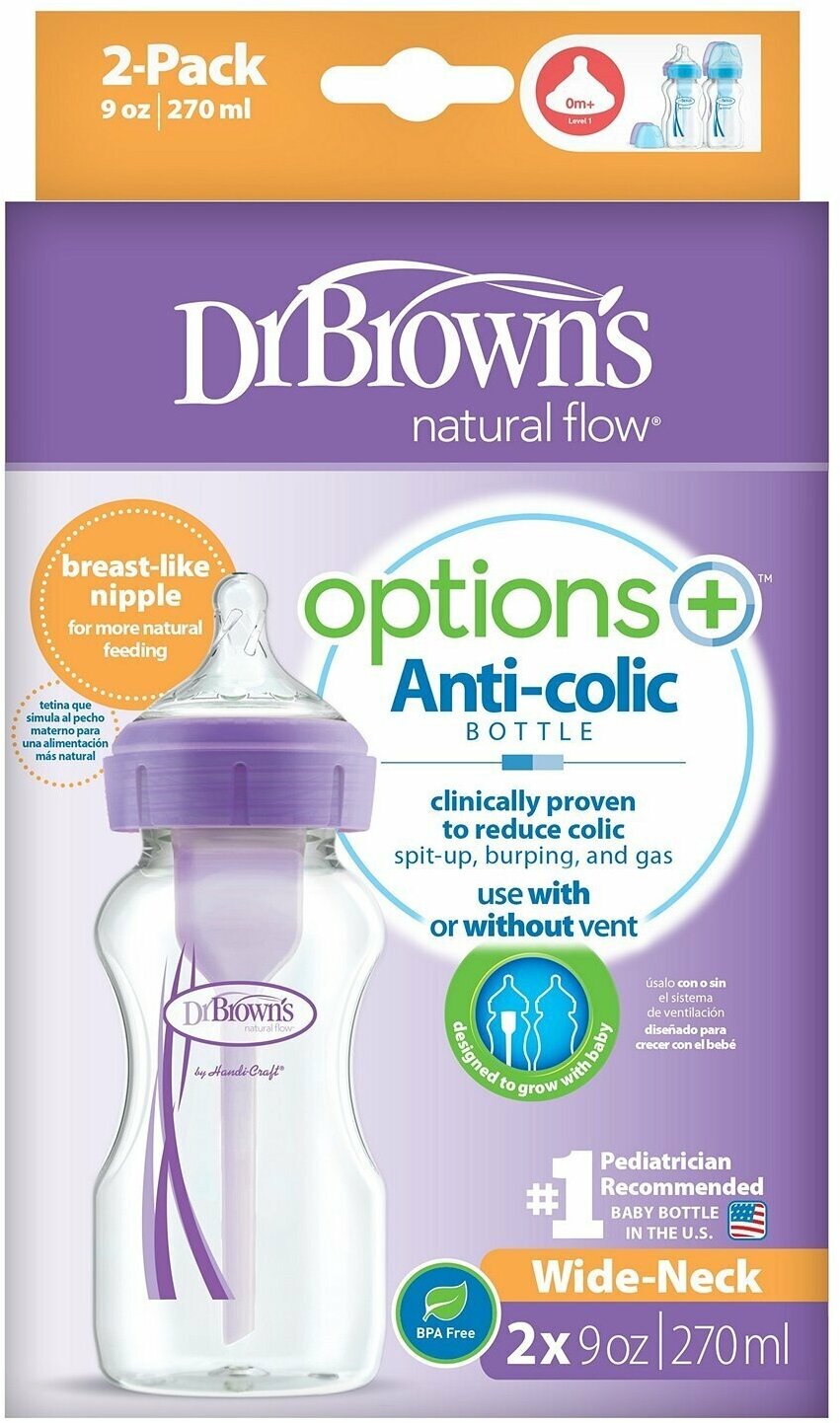 Антиколиковая бутылочка Dr. Brown's Options +, с широким горлышком, 270 мл, фиолетовый, 2 шт. (WB92603-ESX) - фото №2