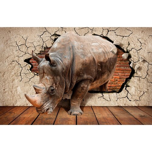 Моющиеся виниловые фотообои GrandPiK Носорог сквозь стену 3D, 450х290 см