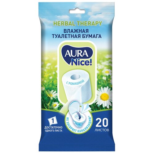 Влажная туалетная бумага Aura Nice Herbal therapy с ромашкой белая 42 лист.