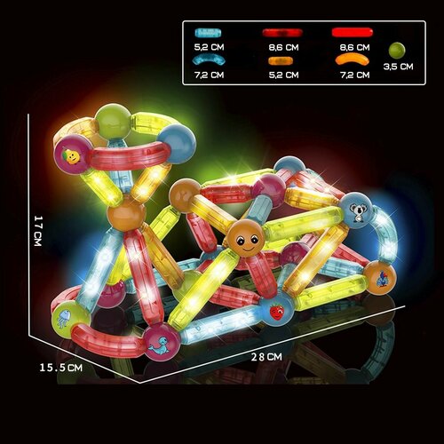 Конструктор магнитный для малышей Световые палочки, 76 деталей