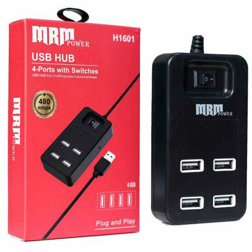 USB-разветвитель хаб MRM H1601 4USB Ports 20 с переключателем Black 45000₽
