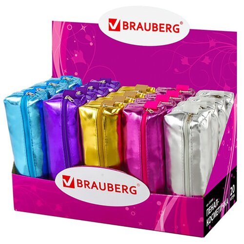 Пенал-косметичка BRAUBERG под искусственую кожу, ассорти 5 цветов, Винтаж, 20х6х4 см, дисплей, 223268