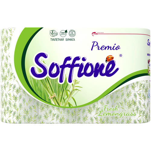 Туалетная бумага Soffione Premio Fresh lemongrass трехслойная белая 12 шт., зеленый