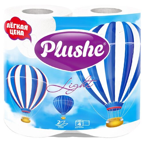 Купить Туалетная бумага Plushe Light белая двухслойная 4 рул., белый, первичная целлюлоза, Туалетная бумага и полотенца