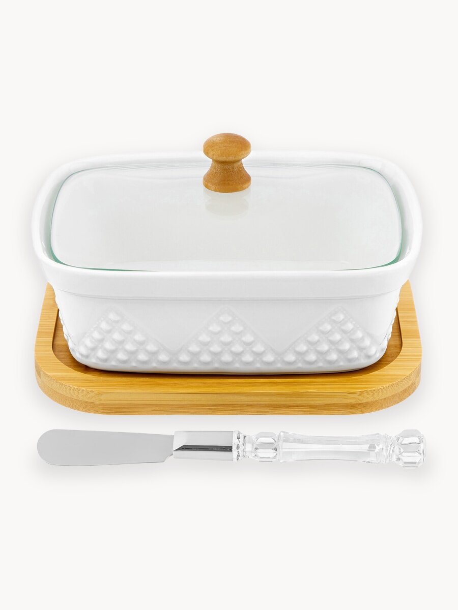 Паштетница 330 мл 14,5х11х9 см Elan Gallery Ромбики со стеклянной крышкой на деревянной подставке, с ножом