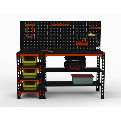 Стол металлический Metalex 750х1400х500 с боковыми полками и перфопанелью (оранжево-чёрный)
