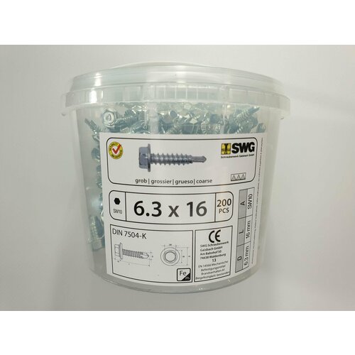 Саморез по металлу DIN 7504-K с фланцем 6.3x16 (200 pcs) SWG, Германия