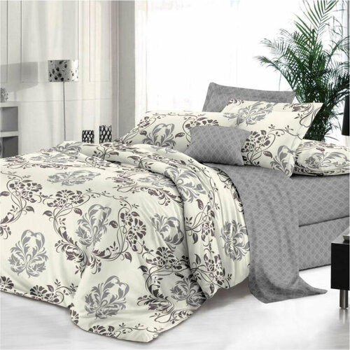 Комплект постельного белья 1,5-спальное, поплин, хлопок 100%, восточный орнамент, серый