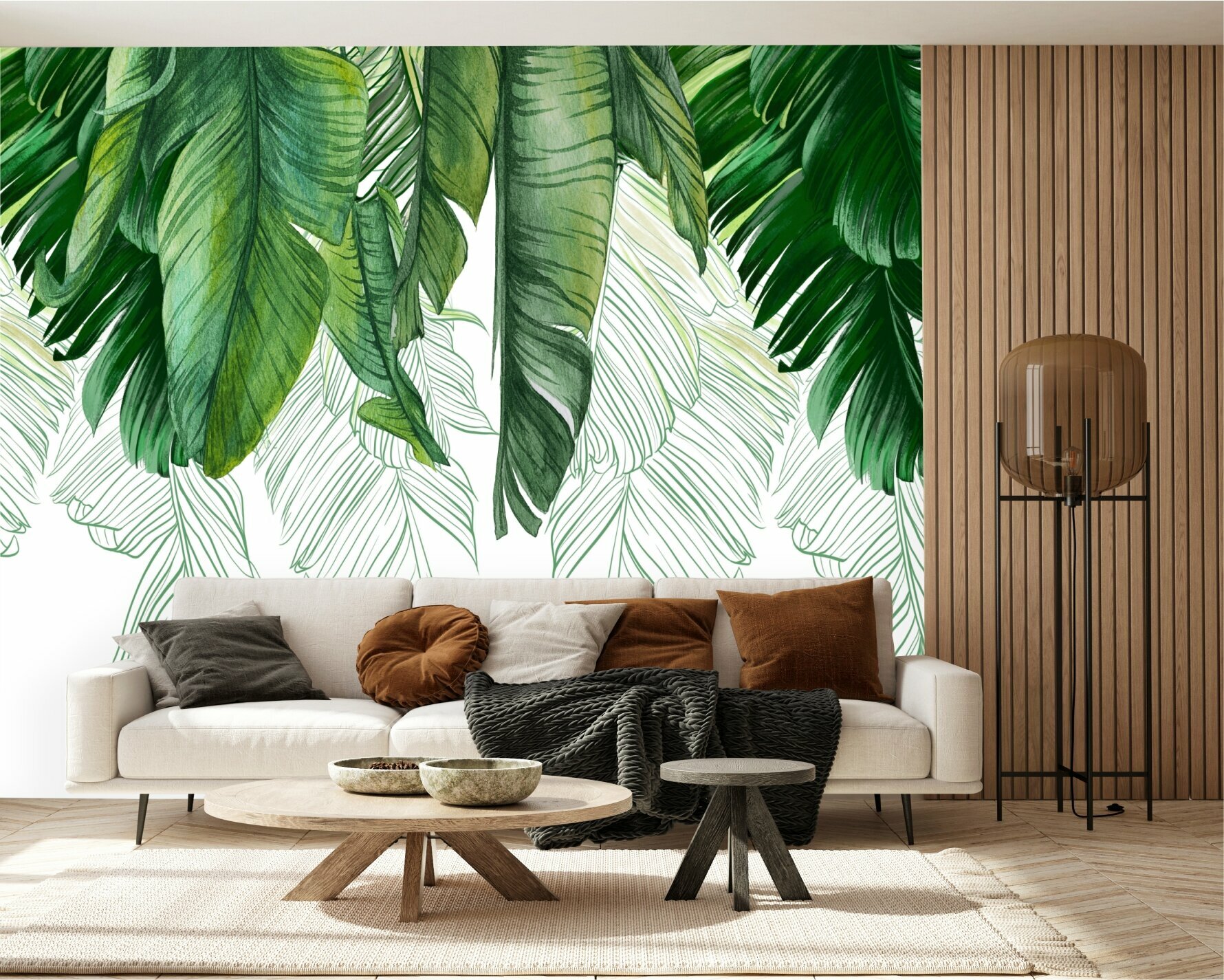 Фотообои "Зеленые пальмовые листья на белом фоне" 300*260 см для спальни, гостиной, кухни, детской
