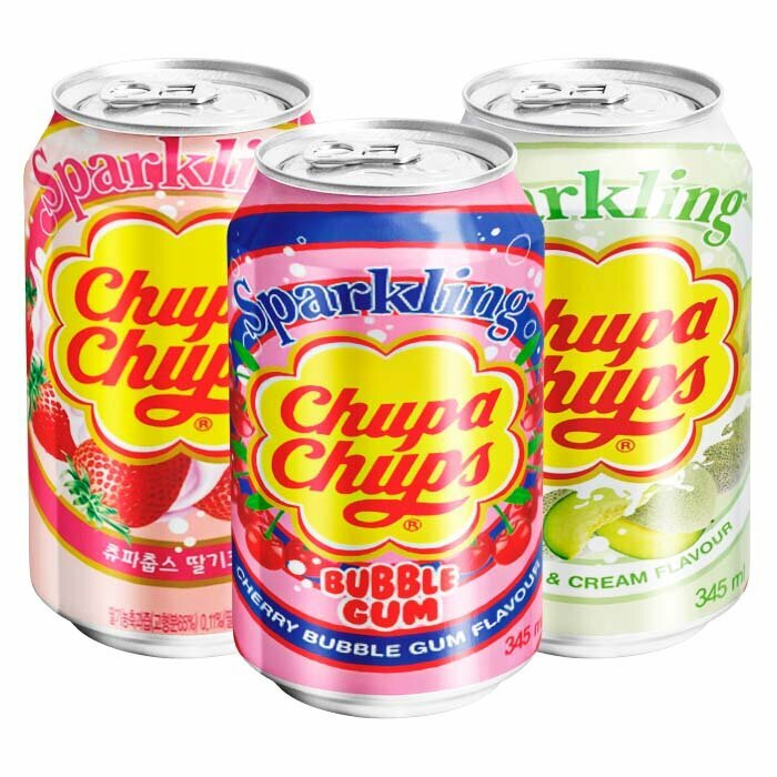 Газированный напиток Chupa Chups - набор 3 вкуса (бабл-гам, дыня, клубника) (Корея), 345 мл (3 шт) - фотография № 1