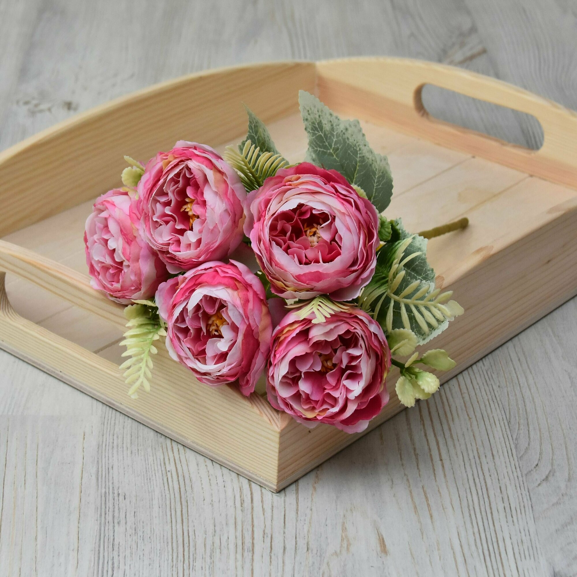 Мини-букет пионовидных роз (5 бутонов, 31 см, Малиновый) / Розы для интерьера / Искусственные цветы реалистичные