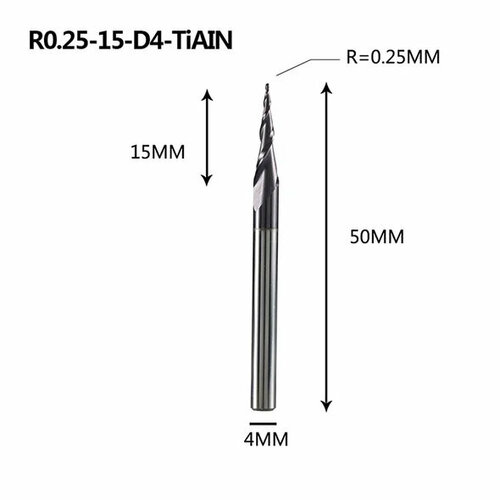 Dreanique конусная фреза по дереву (R0.25 L15 d4 покрытие TiAlN) P2BC-R0.25-15-H4 39880