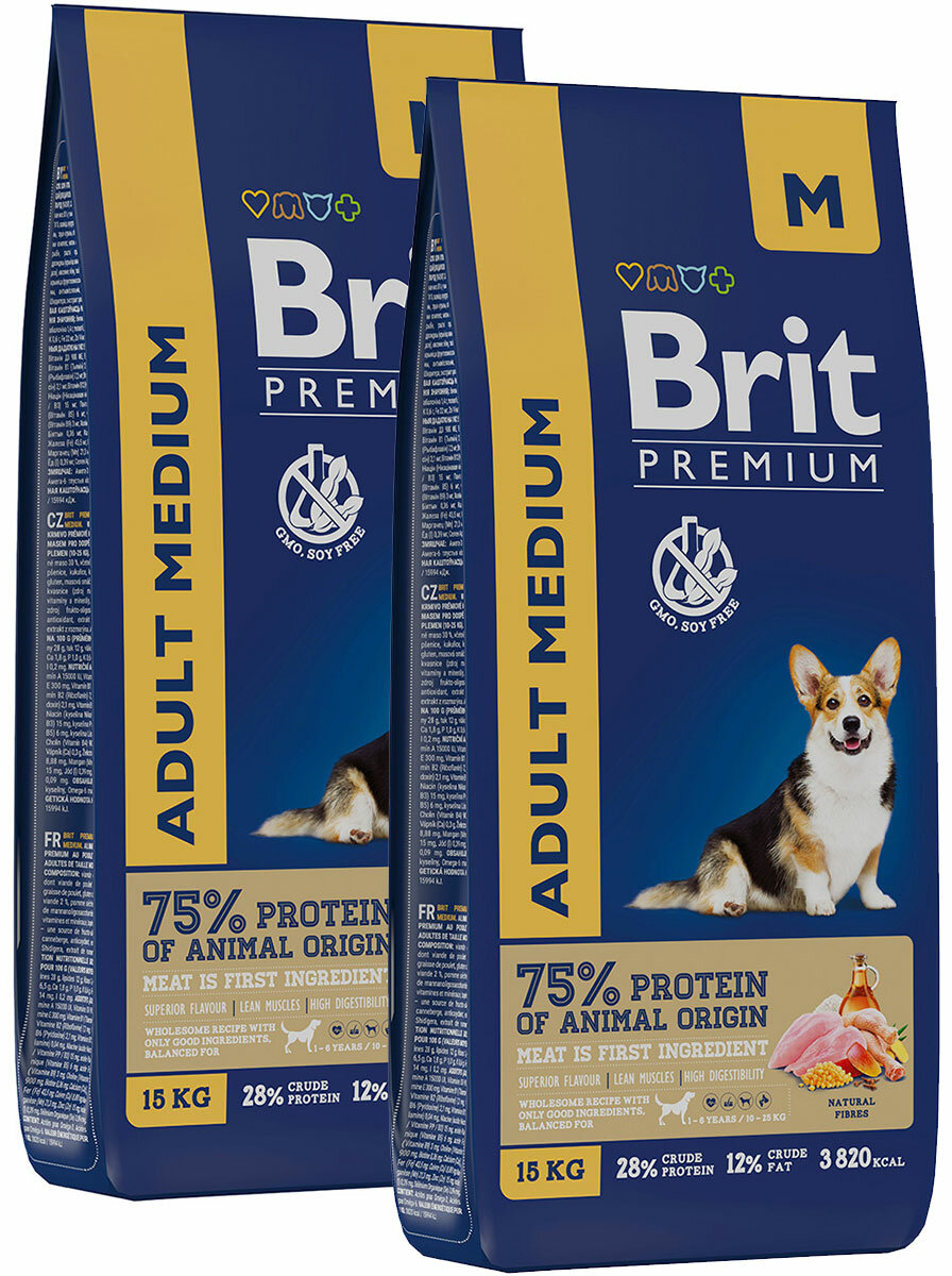 BRIT PREMIUM DOG ADULT MEDIUM для взрослых собак средних пород с курицей (15 + 15 кг)