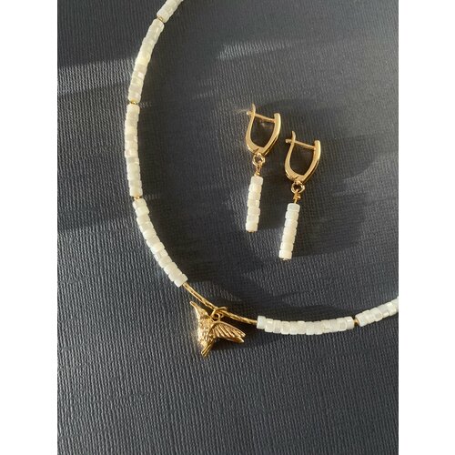 фото Комплект бижутерии el tro: колье, серьги, перламутр, размер колье/цепочки 46 см, золотой, белый