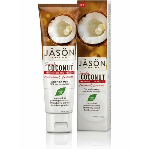 jason natural simply coconut отбеливающая зубная паста кокосовый крем 119 г 4 2 унции Зубные пасты Jason Natural, отбеливающая зубная паста, кокосовый крем, 119 г