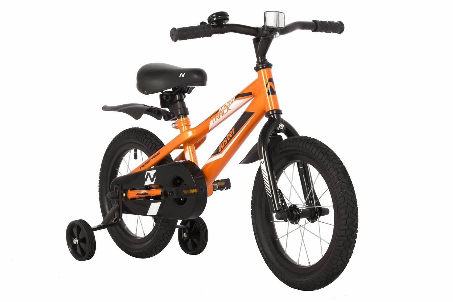 Велосипед NOVATRACK 14", JUSTER, оранжевый, тормоз ножной, полная защита цепи, чёрные крылья