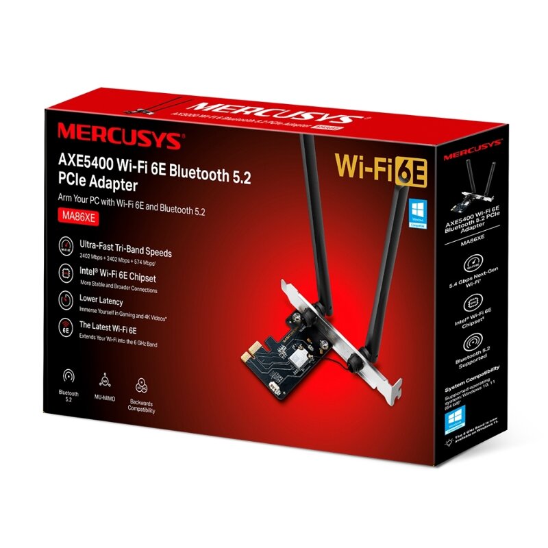 Bluetooth+Wi-Fi адаптер Mercusys MA86XE AXE5400 Wi-Fi 6 (802.11ax) PCI-E, Bluetooth 5.2
