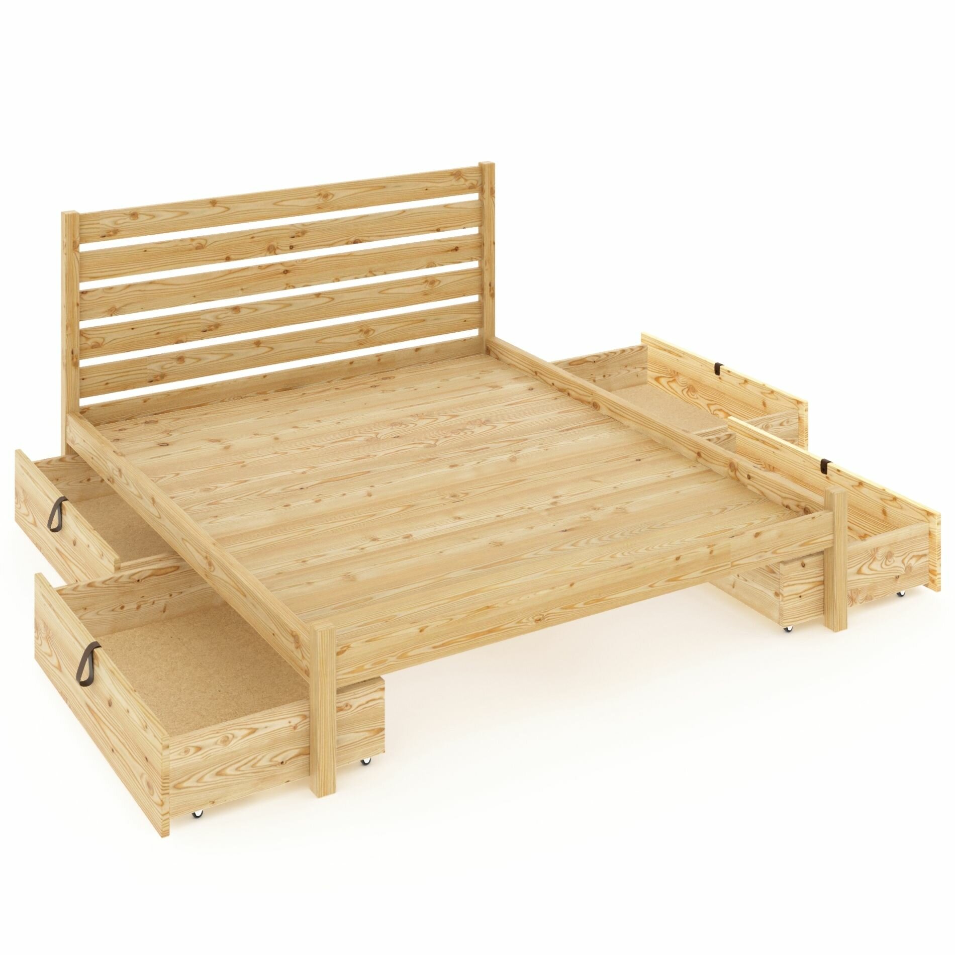 фото Кровать двуспальная Классика из массива сосны со сплошным основанием и высокой спинкой, 160х200 см, с четырьмя выкатными ящиками, без шлифовки и покрытия