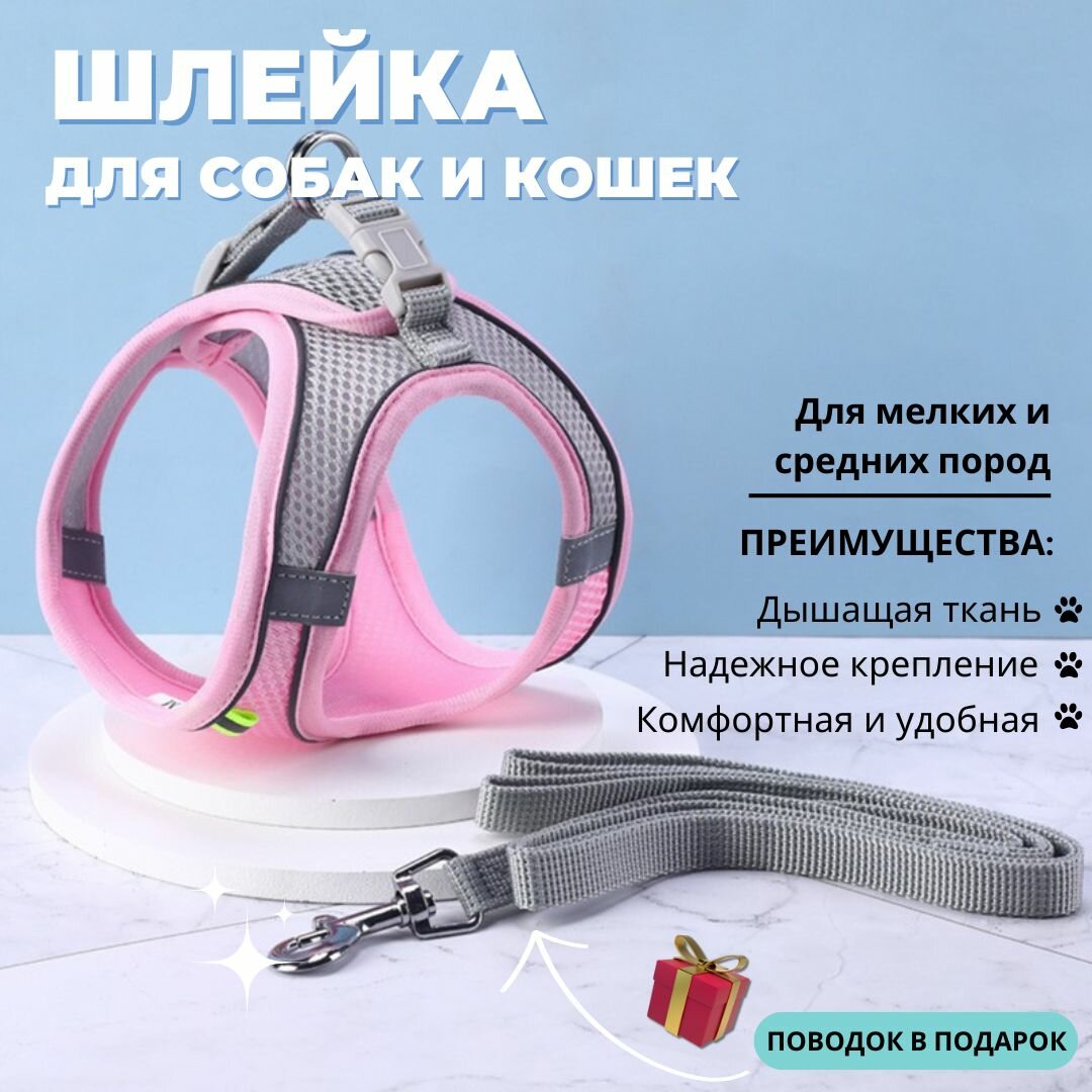 Шлейка для собак и кошек с поводком, дышащая шлейка со светоотражающими элементами для собак мелких, средних пород, кошек и кроликов