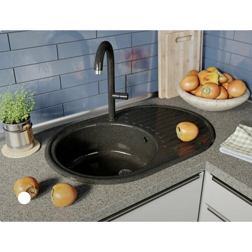 Каменная мойка врезная для кухни овальная, глянцевая, с крылом, асфальт