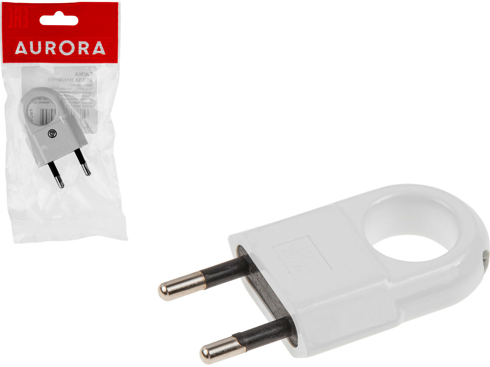 Вилка электрическая с кольцом (б/з, 10А, 250В) белая, AURORA (A100-001)