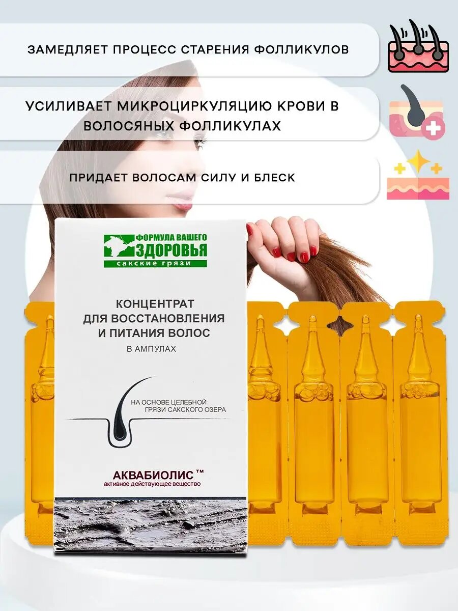 Концентрат для восстановления и питания волос Сакские Грязи "Аквабиолис", 8шт, 5мл — фото 1