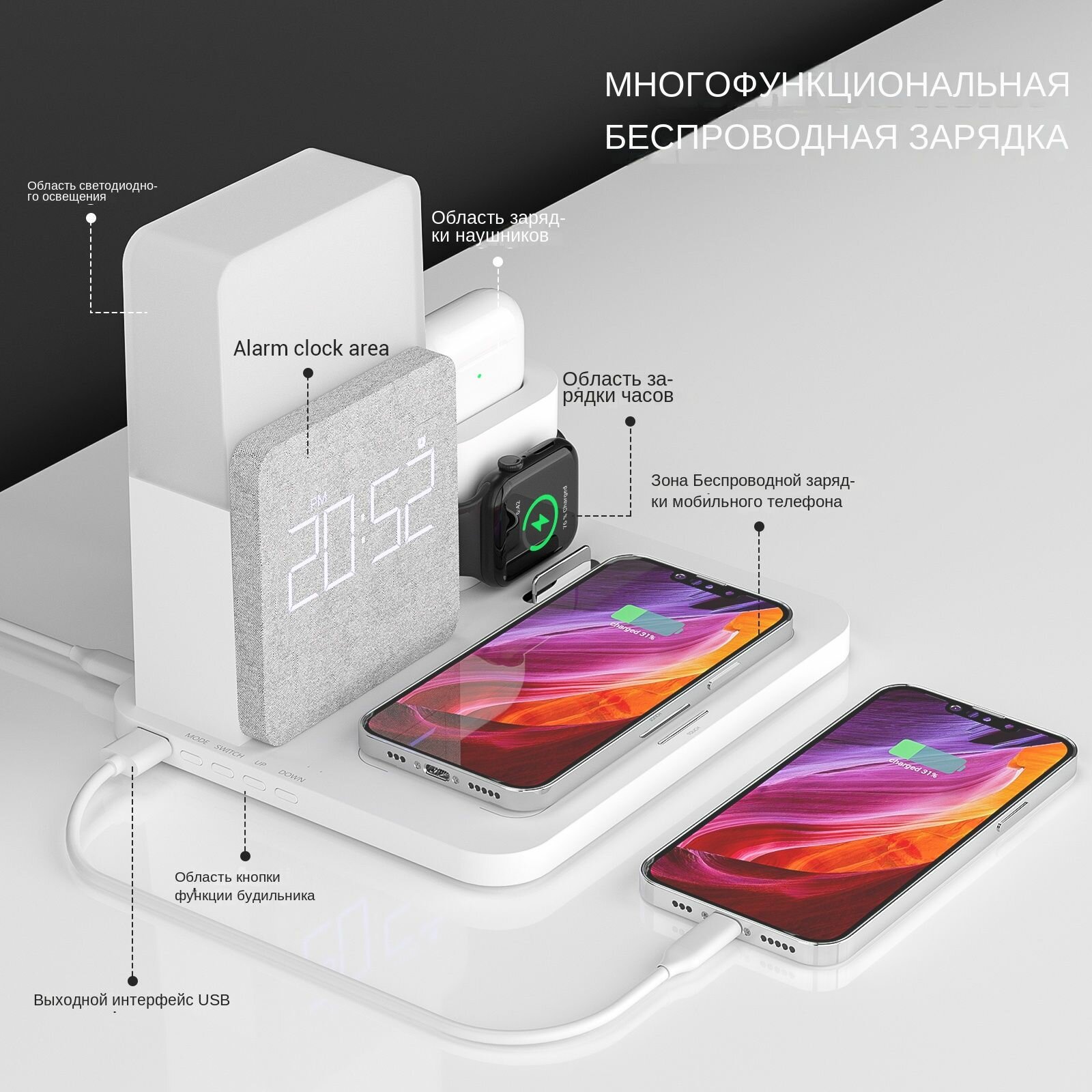 Ночной режим станции: мягкая подсветка оранжевого спектра с четкой видимостью циферблата часов на фоне затемненной комнаты