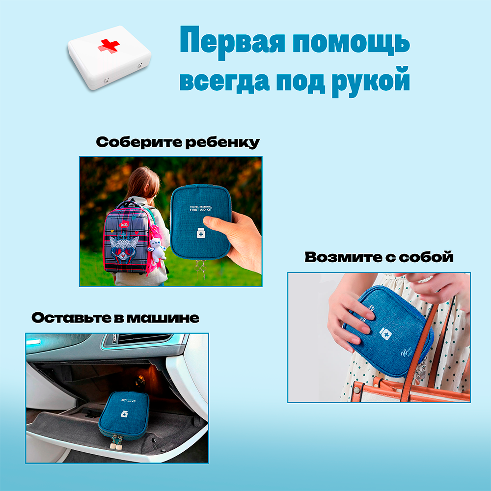 Мини аптечка дорожная / В сумку / Органайзер для лекарств, 14*11*2 см, непромокаемая, голубая — фото 1