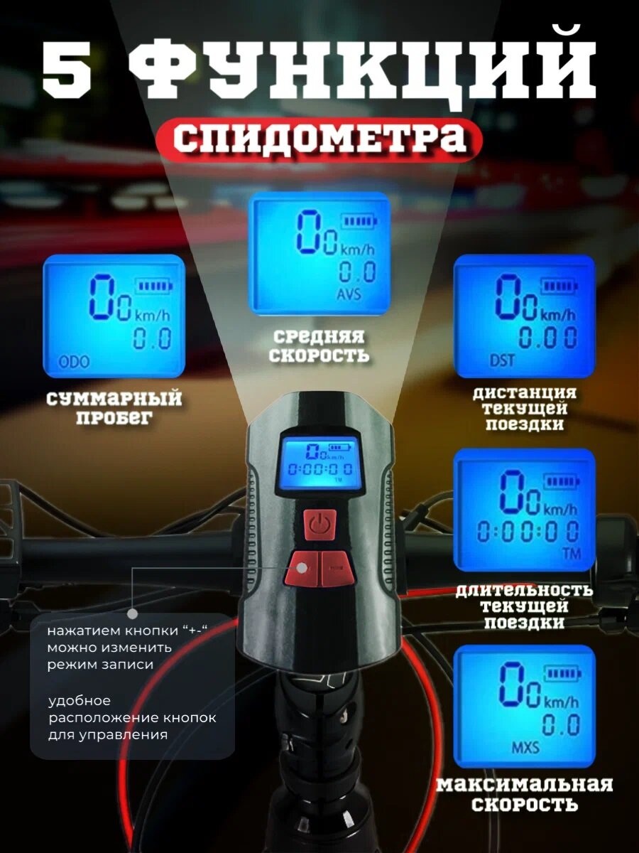 Фонарь спидометр велосипедный со звуковым сигналом/ умный спидометр/ громкий сигнал с ультразвуком — фото 1