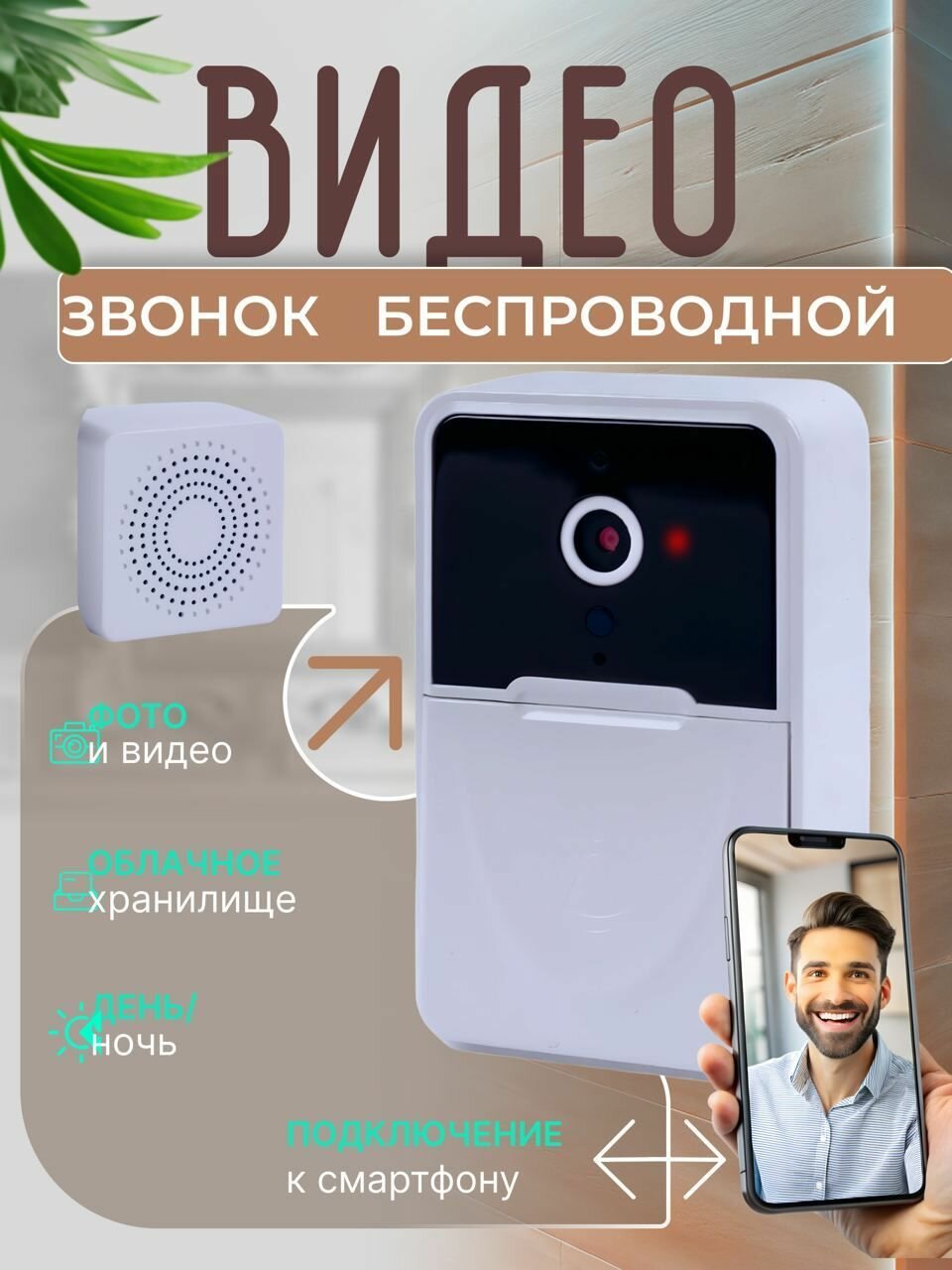 Видеозвонок на входную дверь / Умный визуальный домофон с HD ночного видения