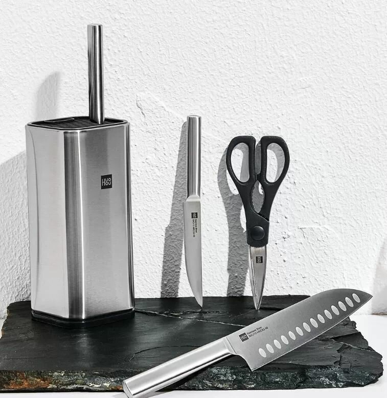 Картинки Набор стальных ножей с подставкой для кухни HuoHou Stainless Steel Kitchen Knife Set / 3 ножа, ножницы с подставкой