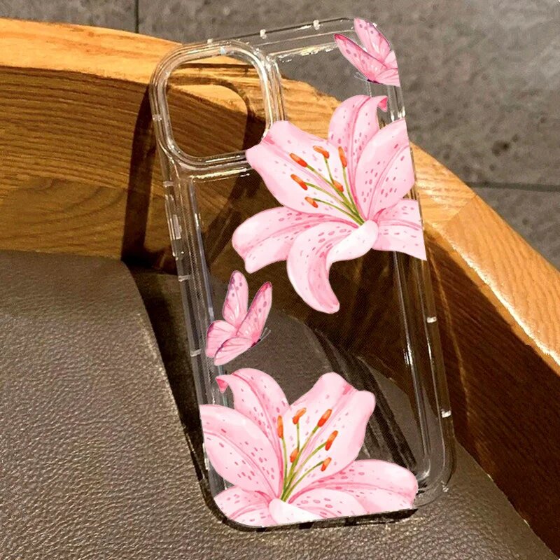 Прозрачный чехол Ins Pink Lily Pattern для iPhone 17, 16, 16E, 14, 13, 15 Pro Max, 11, 12 Pro, 17 Air, 15 Plus, противоударный