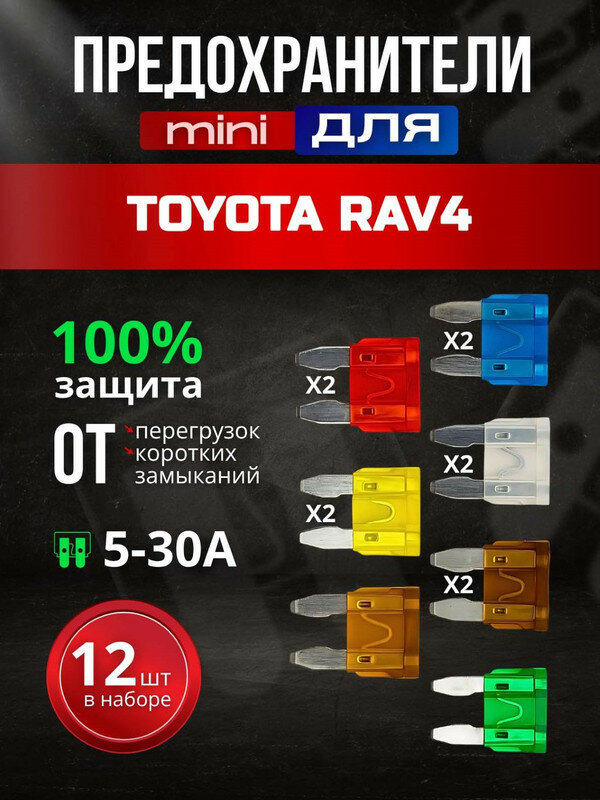 Предохранители для Тойота РАВ4 (Toyota RAV4) / автомобильный набор Мини, 12 штук с пинцетом / флажковые 5-30 А