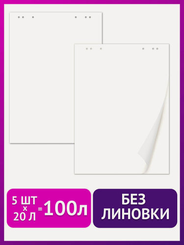Изображение товара Бумага / листы / блокнот / блок для флипчарта Brauberg, комплект 5 штук, 20 листов, чистые, 67,5х98 см, 80 г/м2, 124098