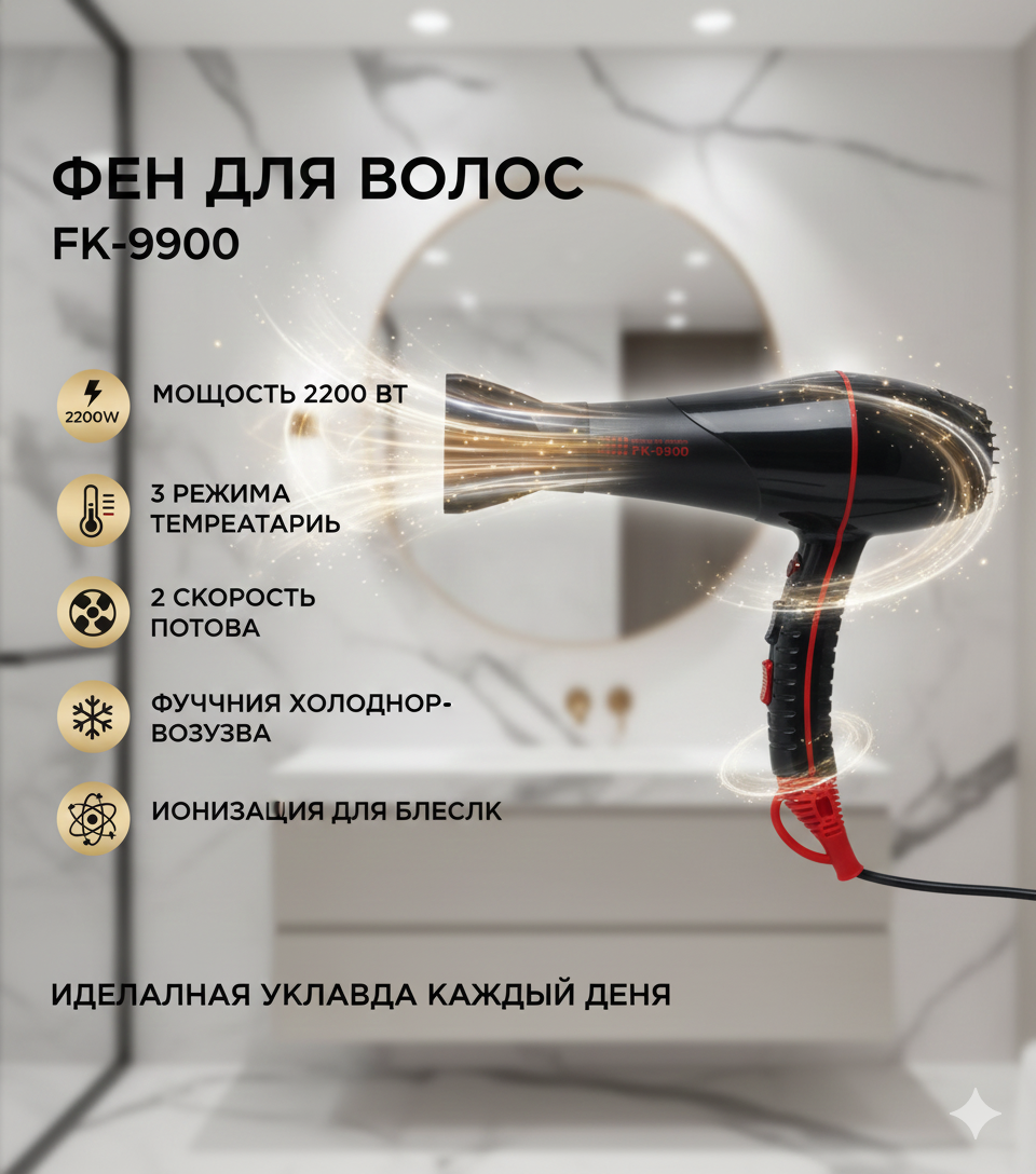 Фен для волос профессиональный , с отрицательными ионами и защитой от перегрева