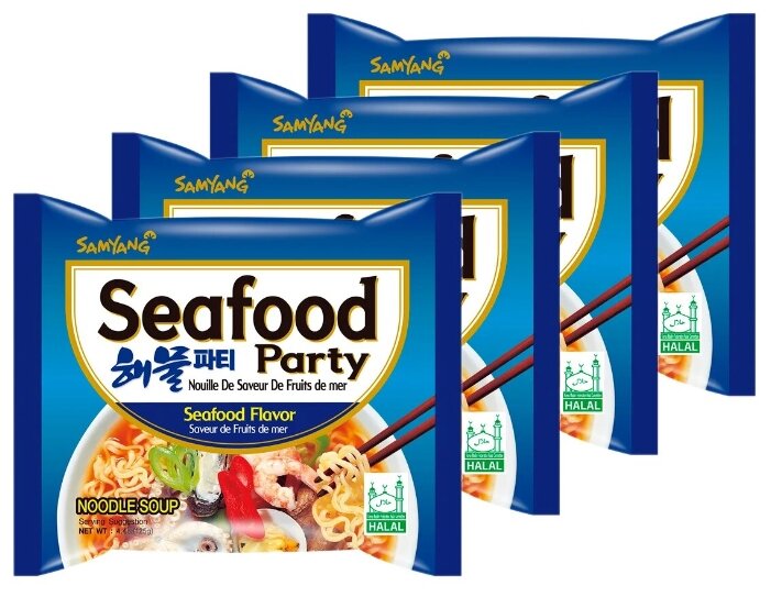 Лапша быстрого приготовления Seafood Party со вкусом морепродуктов Samyang, пачка 125 г х 4 шт