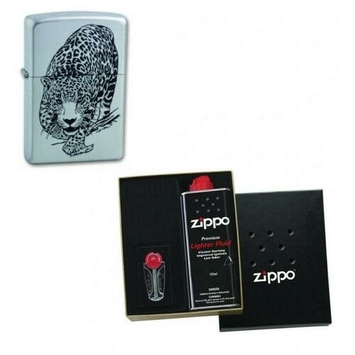 Зажигалка ZIPPO Leopard Satin Chrome в подарочной упаковке + топливо и кремни