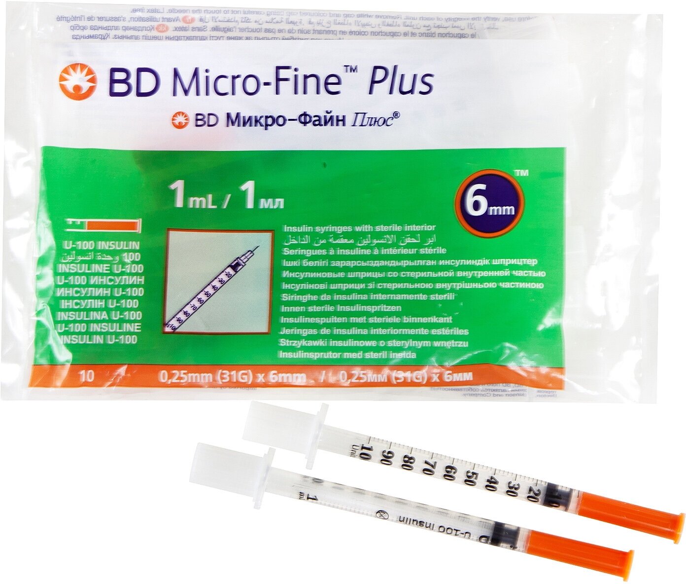 Шприц инсулиновый BD Micro-Fine Plus 1 мл U-100 0,25 мм (31G) х 6 мм 10 шт