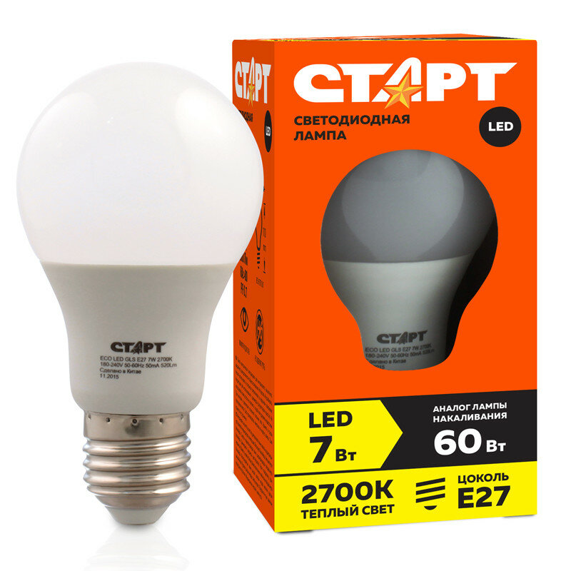 Лампа светодиодная Старт LED, серия "ЭКО" 7W30, тип А "груша", E27, 2700К, теплый свет, 15000ч, 227550