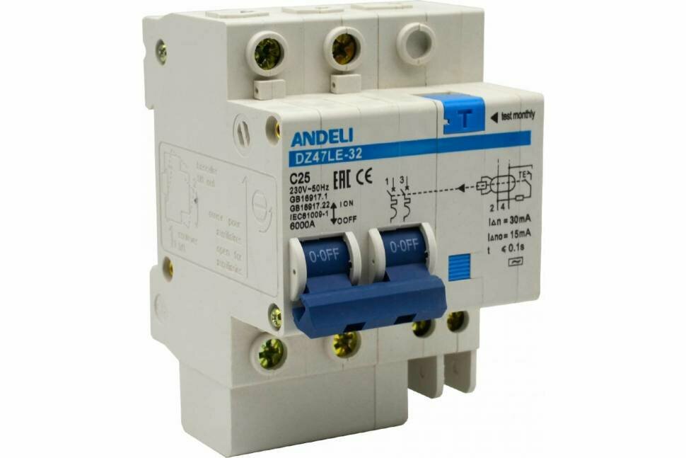 Дифференциальный автомат ANDELI DZ47LE-32 2P 25A 30mA тип AC х-ка С ADL02-004