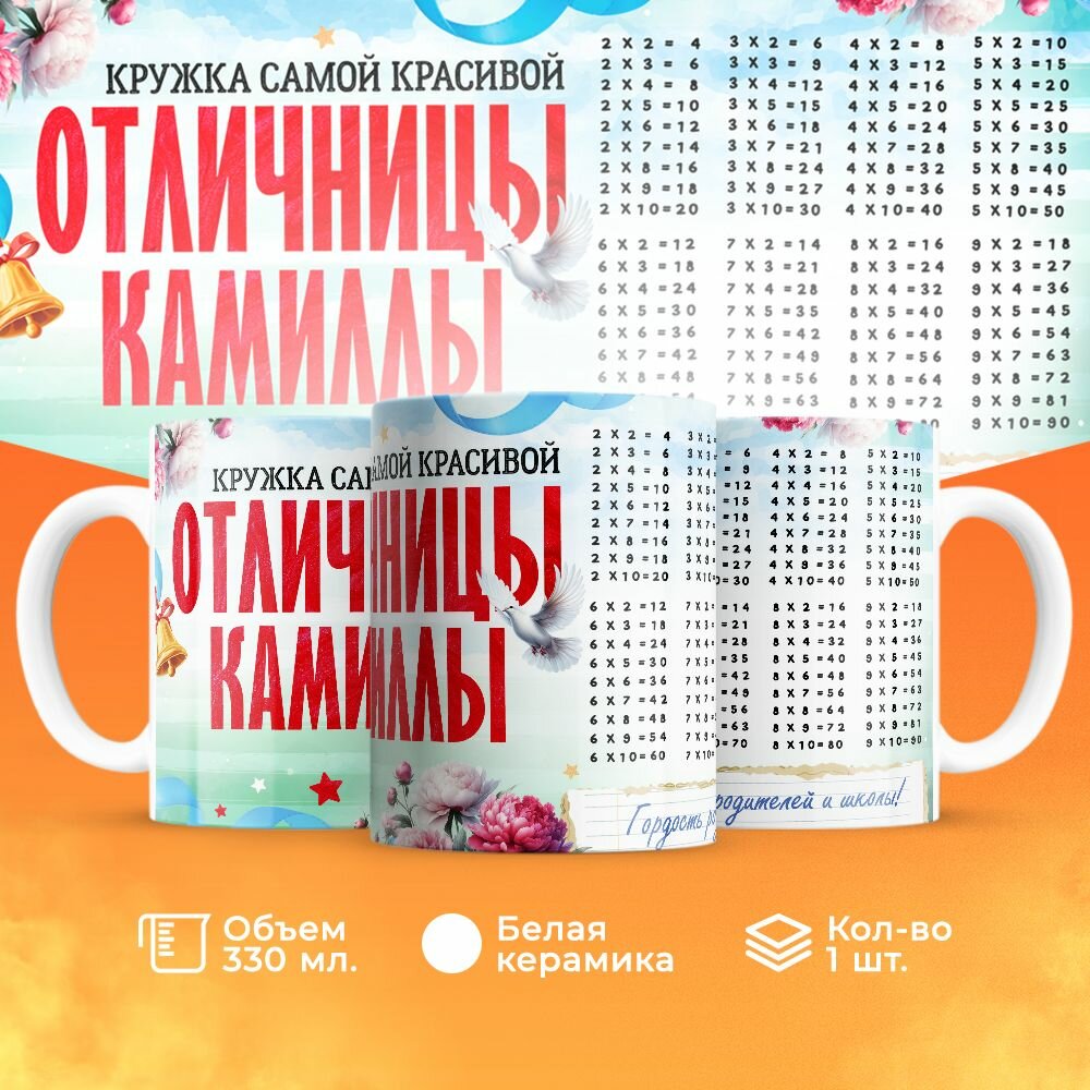 Кружка, "Самой красивой отличницы Камиллы", на день рождения дочки, в подарок для девочки, внучки с таблицей умножения 330 мл