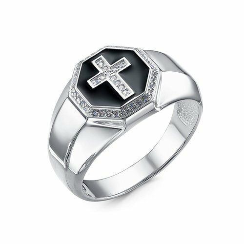 фото Печатка diamant online, серебро, 925 проба, родирование, эмаль, фианит, размер 20.5, прозрачный/черный