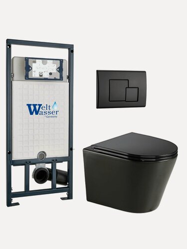 Изображение товара Комплект 6 в 1 WeltWasser: подвесной унитаз SALZBACH 043 GL-BL черный+кнопка смыва MAR 507 SE MT-BL черный+инсталляция MARBERG 507