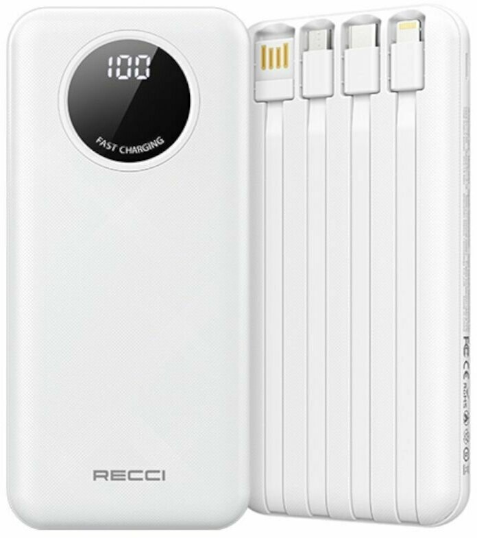 Повербанк (powerbank) Recci RP01 10000мАч с встроенным кабелем 3x USB + Type-C + Lightning + Micro - Белый