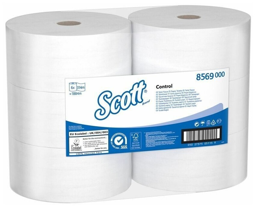 Бумага туалетная для диспенсера 2-слойная Kimberly-Clark Scott Control, белая, 314м, 6 рул/уп (8569)