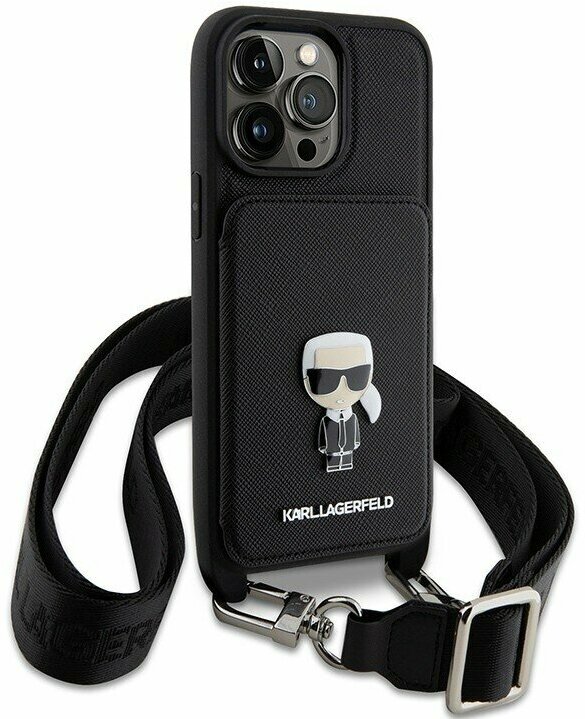 Lagerfeld для iPhone 14 Pro Max чехол Crossbody cardslot PU Saffiano Karl Ikonik metal Hard Black