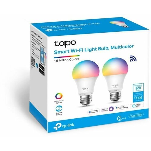 tp link tapo l510e smart wi fi light bulb dimmable e27 base 2700k 220v 50 60 hz 60w equivalent energy class a 2 4ghz 802 11b g n tapo app Умная лампа TP-LINK TAPO L530E(2-PACK) E27 RGB 8.7Вт 806lm Wi-Fi (2шт)