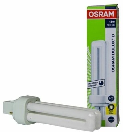 Лампа Люминесцентная OSRAM 13W 220V DULUX D G24d 2-х штырьковая 900Лм 3000К Теплый белый свет, уп. 1шт