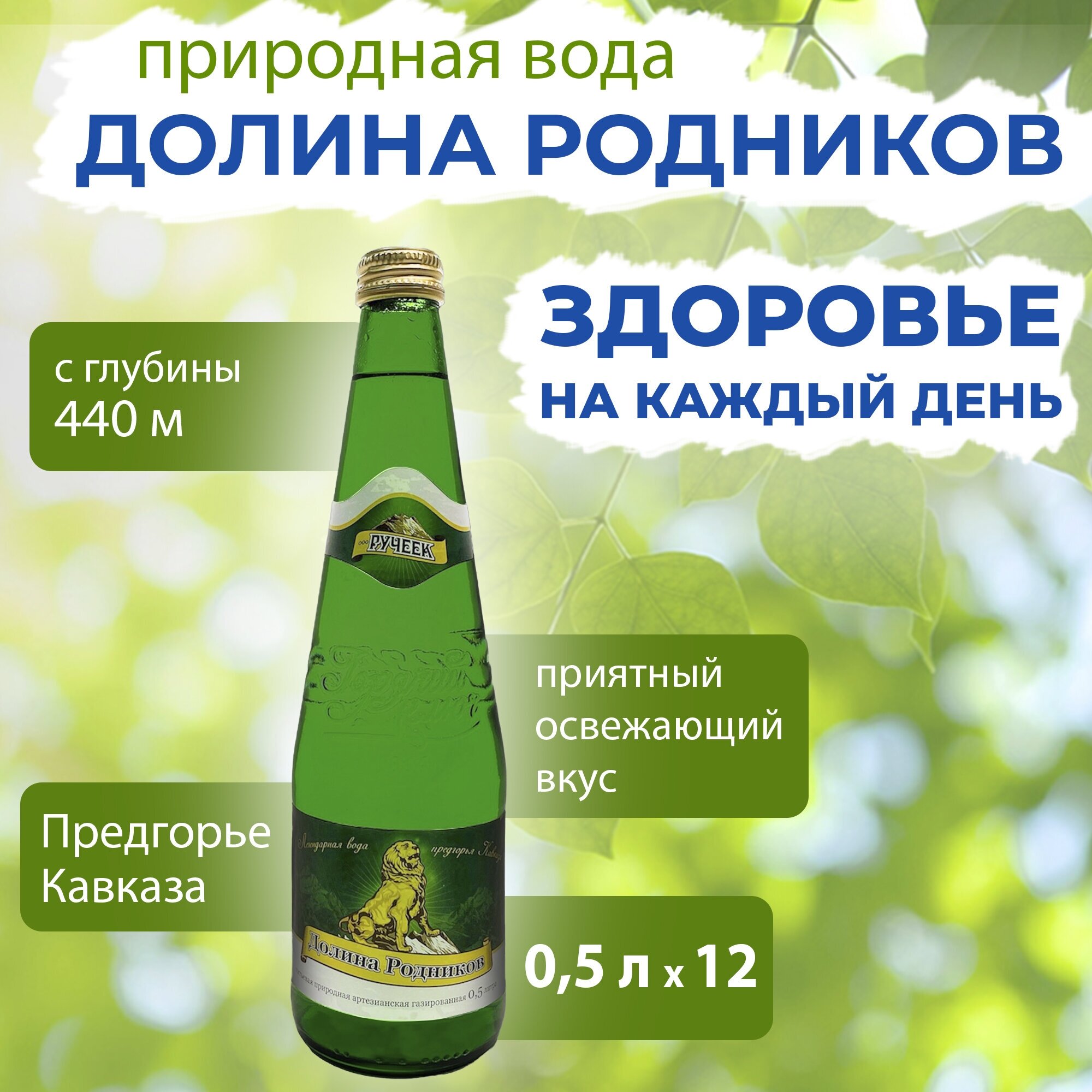 Вода Долина Родников. Объем 0.5л*12 в стекле. Ручеек, Газированная, Вода минеральная питьевая природная лечебная, выводит токсины, для детей родителей - фотография № 1