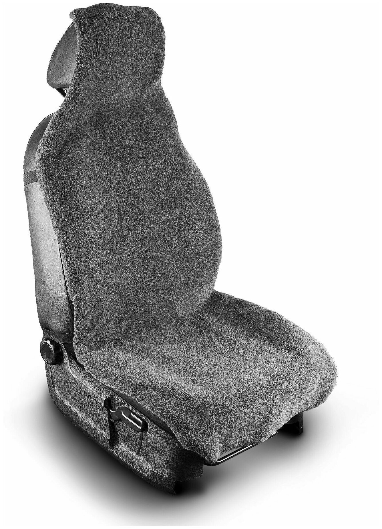 Меховая накидка на водительское автокресло или сиденье переднего ряда со слитным подголовником из серой шерсти универсальные с нескользящим подкладом